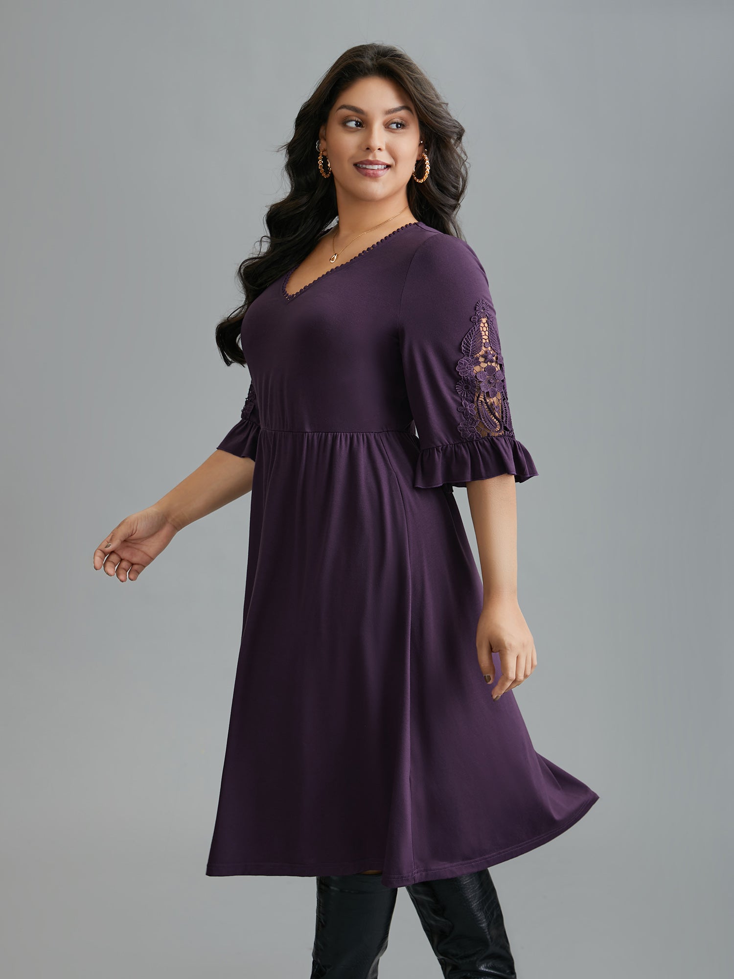 V Neck Plain Crochet Lace Mesh Dress-Sweetccc