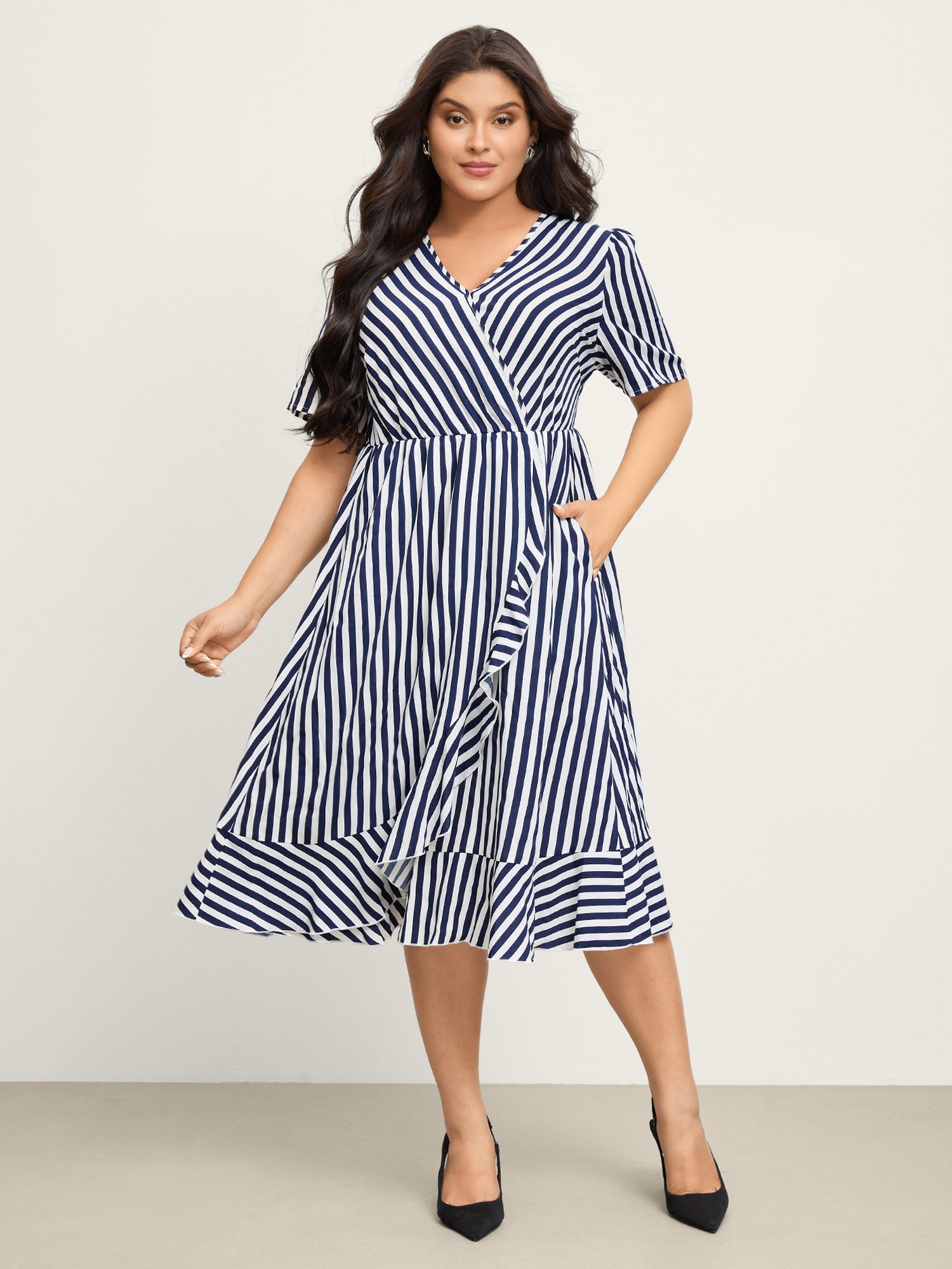 Irregular Stripes High-Waist Pockets Midi Dress-Sweetccc