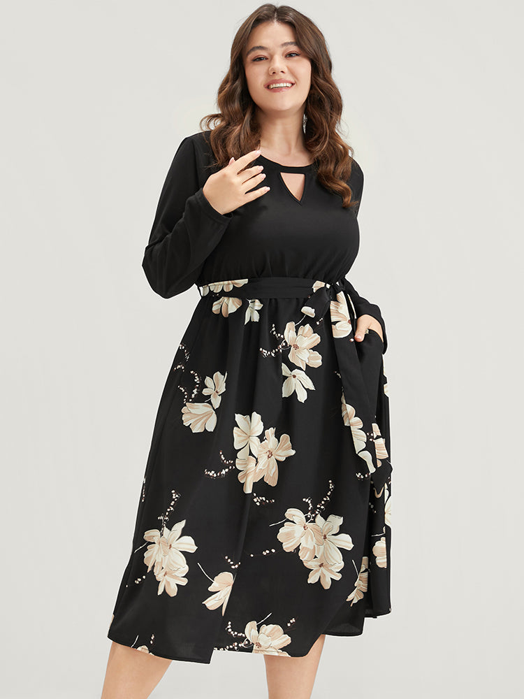 Floral Print Keyhole Round Neck Pocket Belted Dress-Sweetccc