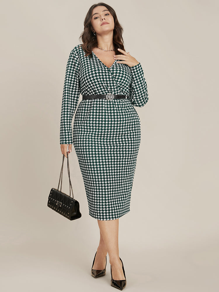 Houndstooth Print Wrap Bodycon Midi Dress Without Belt-Sweetccc