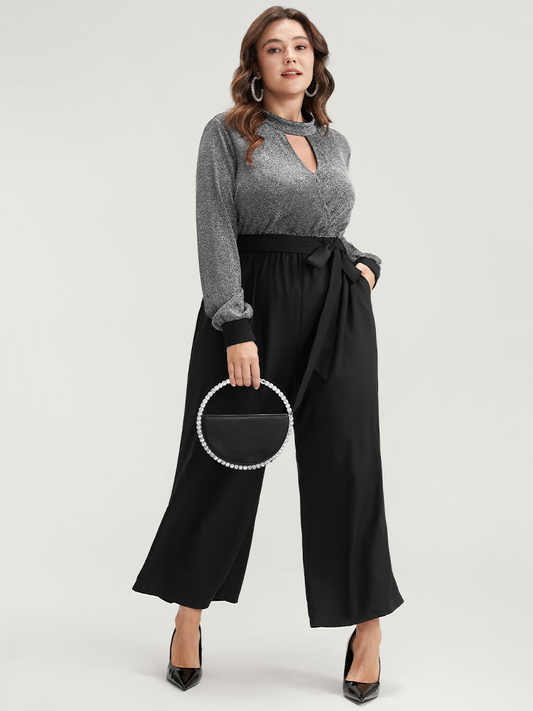 Solid Patchwork Pocket Keyhole Belted Sequin Jumpsuit-Sweetccc