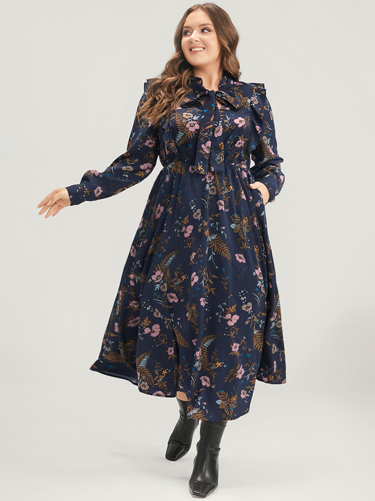 Floral Pocket Knotted Neck Ruffle Trim Split Dress-Sweetccc