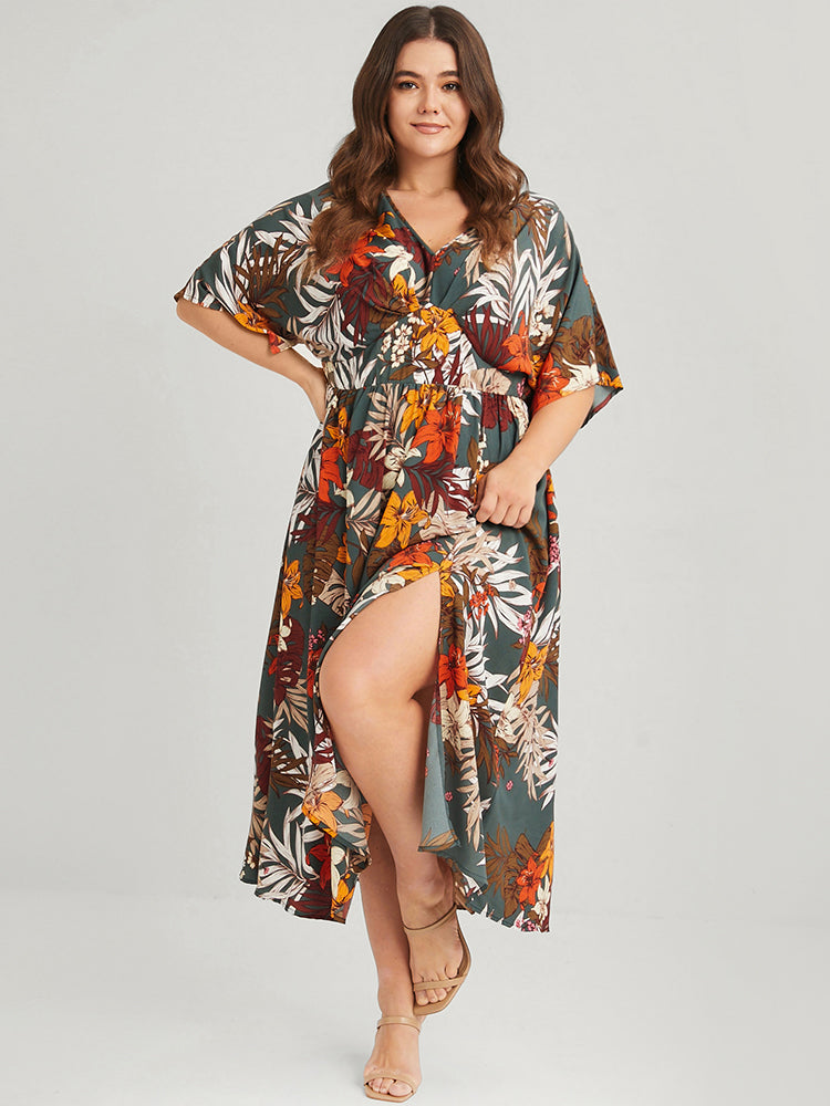 Floral V Neck Split Pleated Pocket Maxi Dress-Sweetccc
