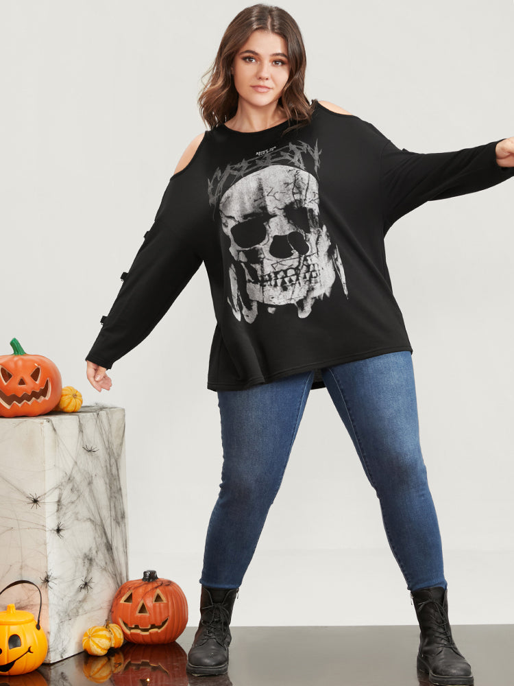 Halloween Skull Print Cold Shoulder Sweatshirt-Sweetccc