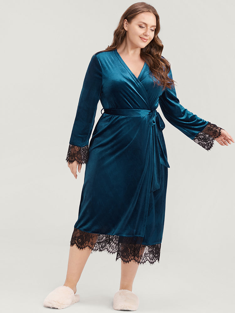 Solid Lace Trim Belted Wrap Velvet Midi Dress-Sweetccc
