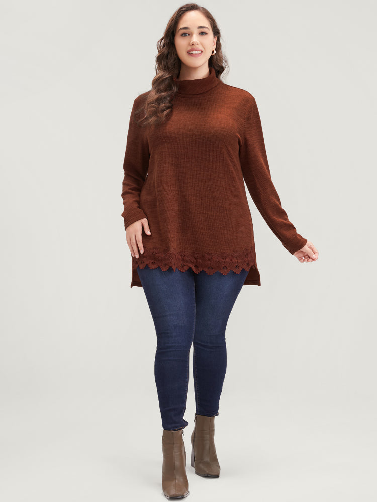 Solid Lace Asymmetrical Hem Funnel Neck Sweatshirt-Sweetccc