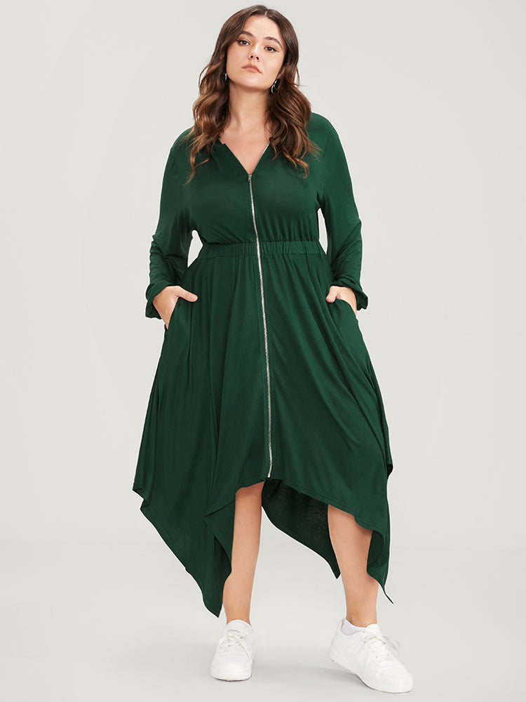 Solid Pocket Zipper Up Hanky Hem Dress-Sweetccc