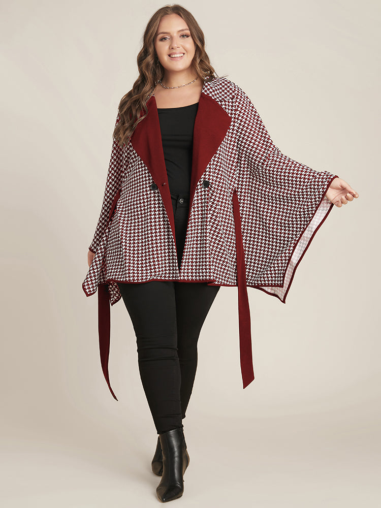 Houndstooth Contrast Dolman Sleeve Suit Collar Belted Coat-Sweetccc