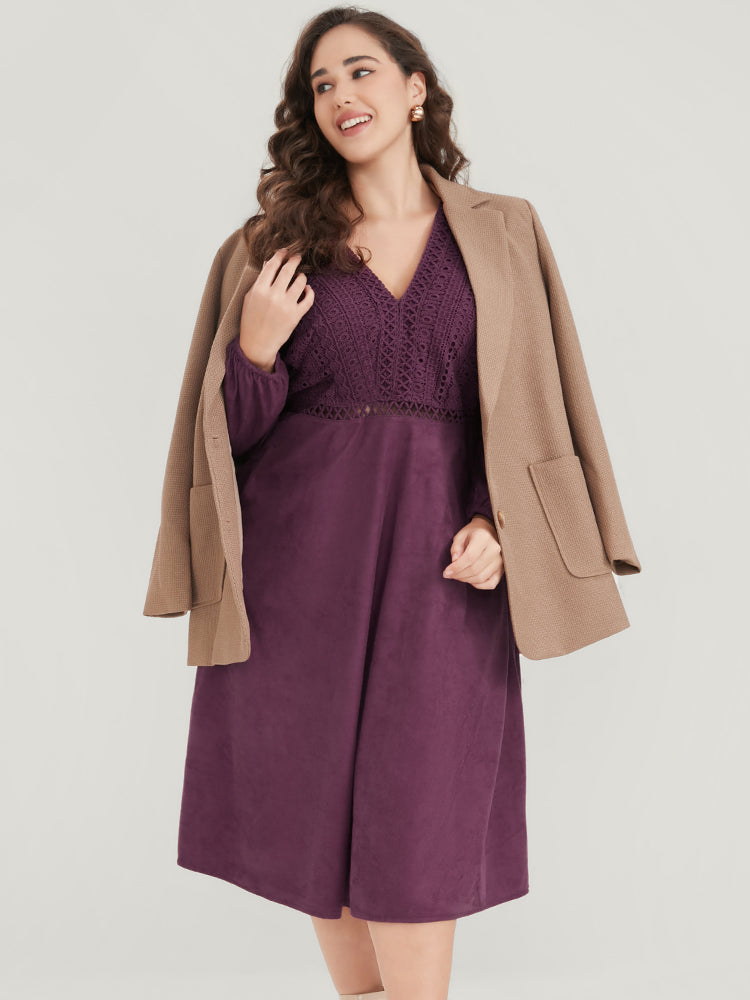 Solid Lantern Sleeve Pocket Crochet Lace Dress-Sweetccc