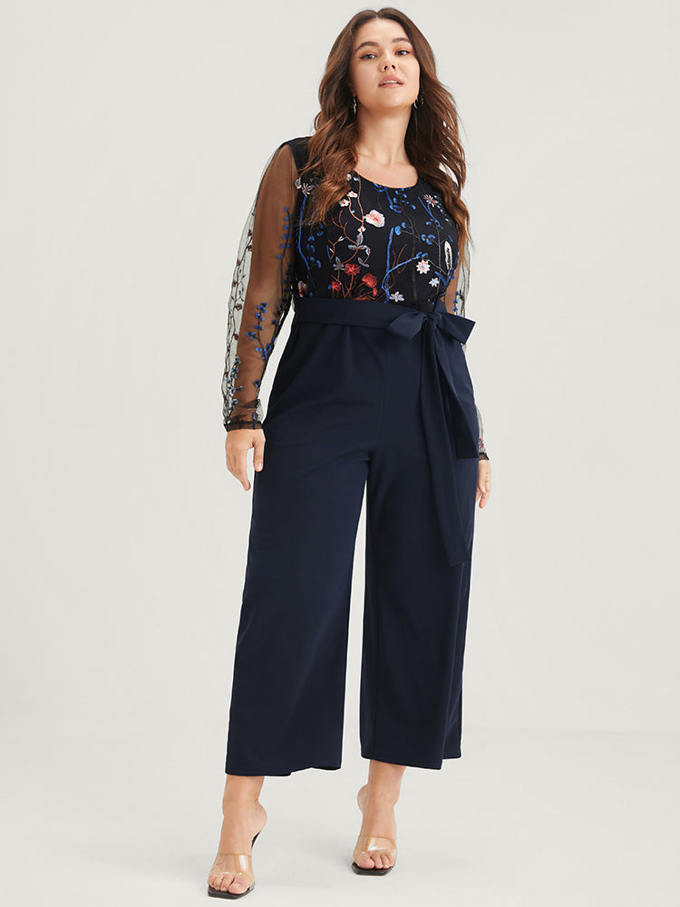 Solid Pocket Embroidered Mesh Sleeve Knotted Jumpsuit-Sweetccc