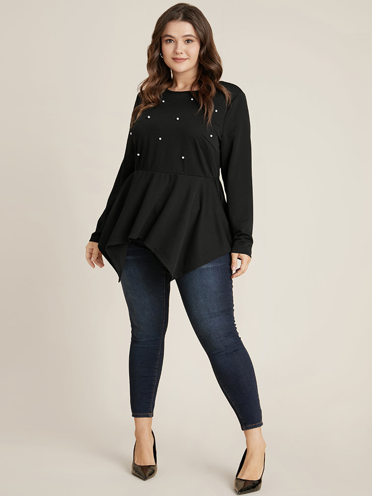 Solid Pearl Beaded Hanky Hem Long Tee-Sweetccc