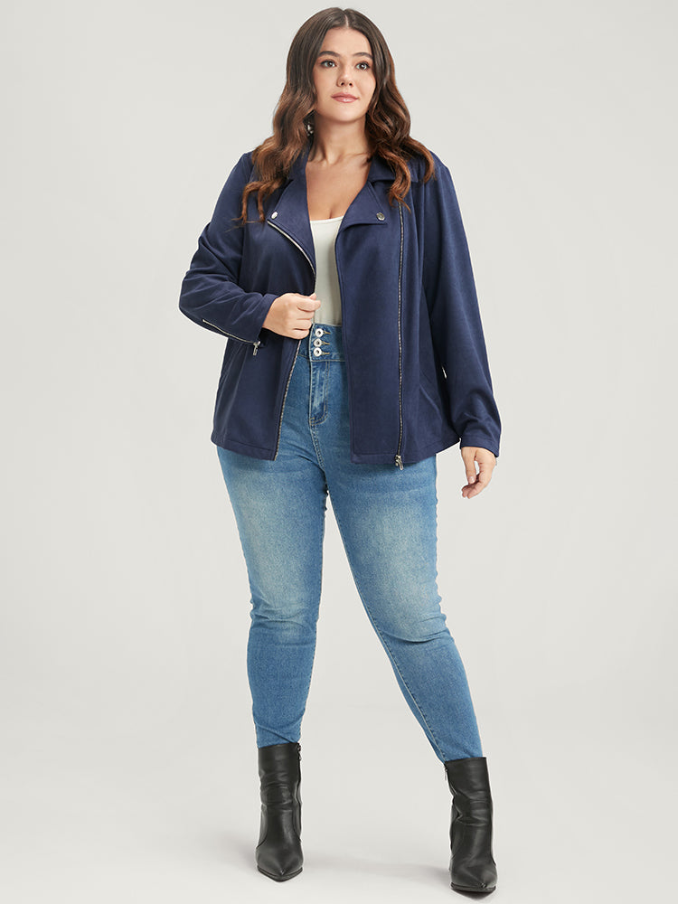 Solid Lapel Collar Pocket Zip Up Coat-Sweetccc