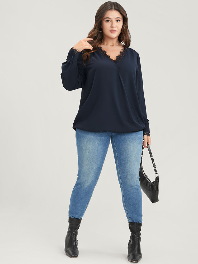 Solid Lace Trim Wrap Blouse-Sweetccc