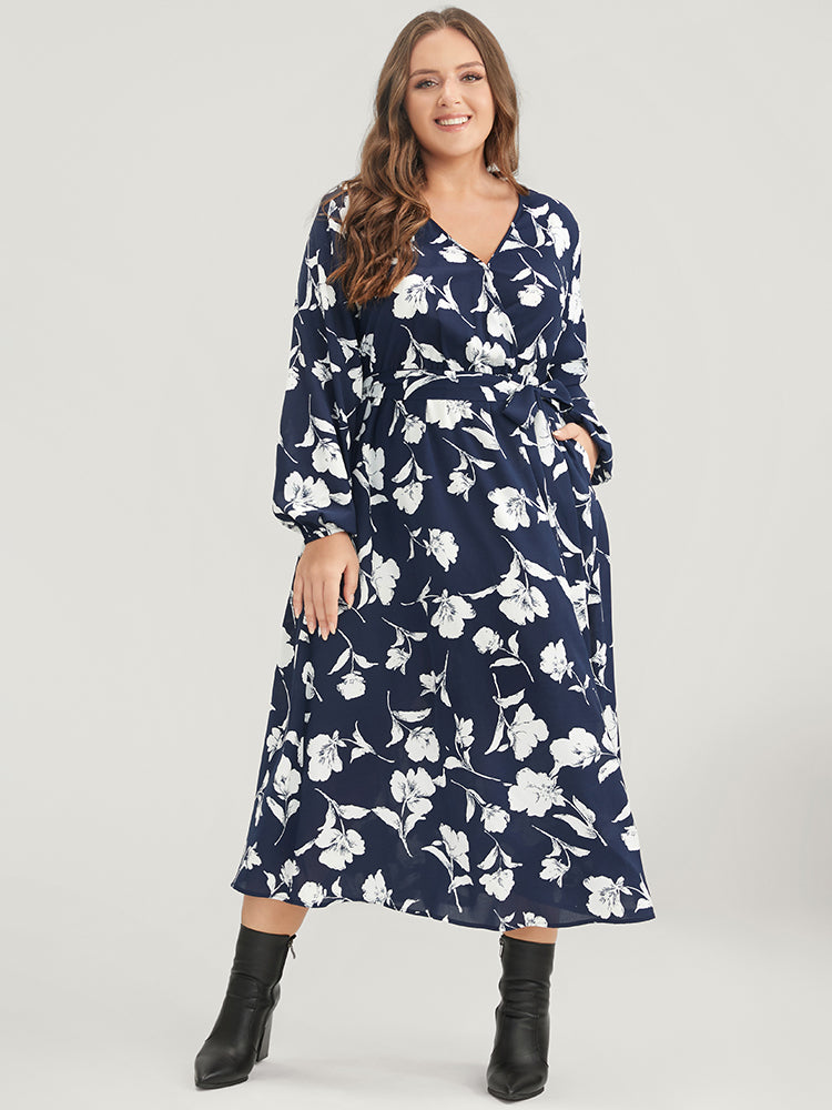 Floral Pocket Surplice Neck Belted Midi Dress-Sweetccc