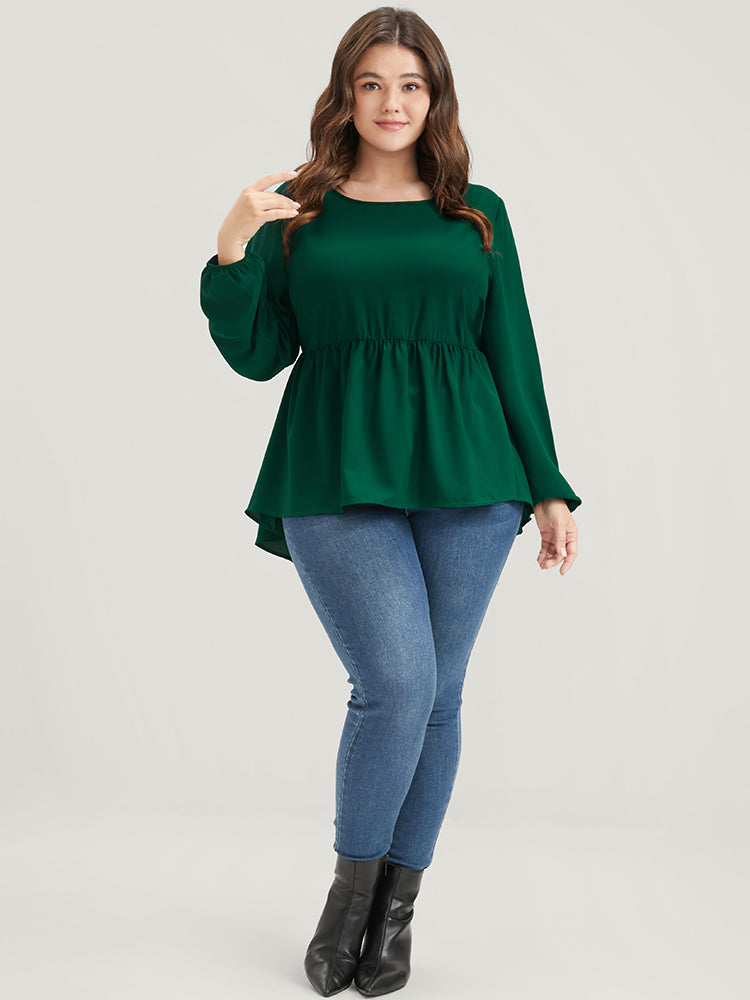 Solid Lantern Sleeve High Low Hem Flutter Blouse-Sweetccc