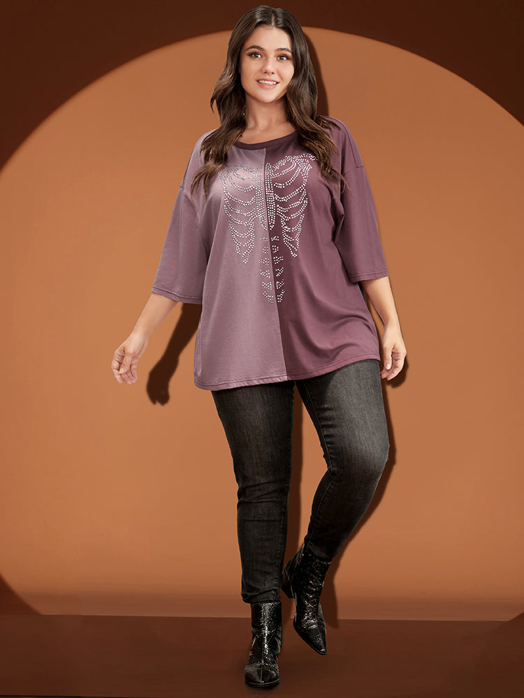 Halloween Skeleton Print Colorblock Contrast  T-shirt-Sweetccc