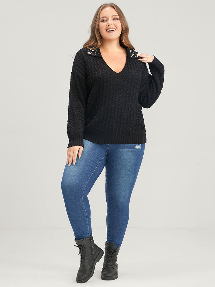 Solid Pointelle Knit Pearls Beaded Collar Neck Knit Top-Sweetccc