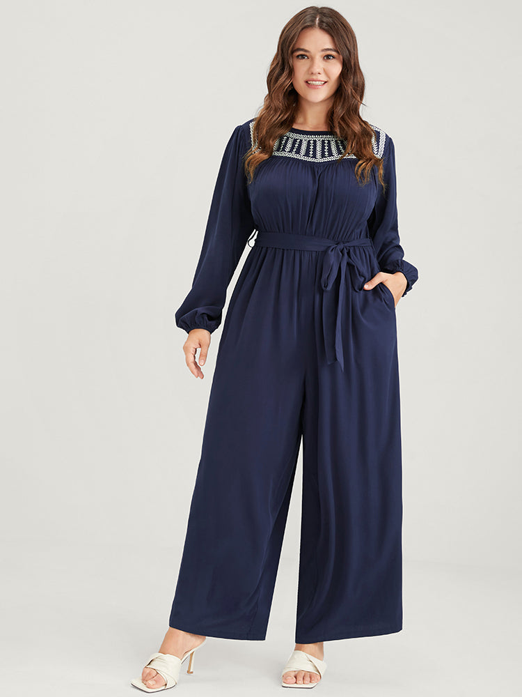 Solid Pocket Lantern Sleeve Embroidered Belted Jumpsuit-Sweetccc