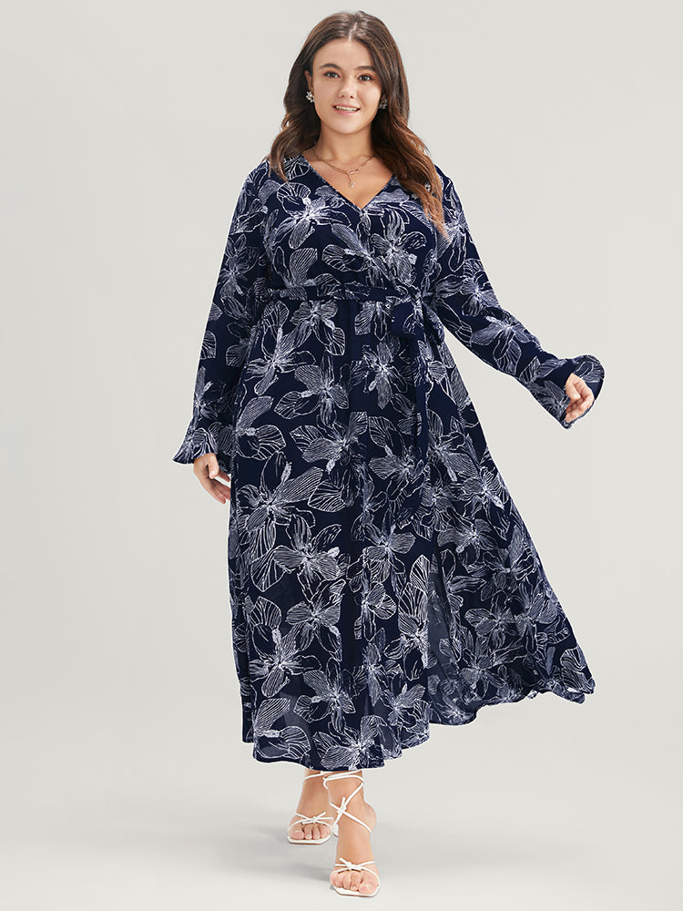 Floral Print Belted Pocket Split Hem Wrap Dress-Sweetccc