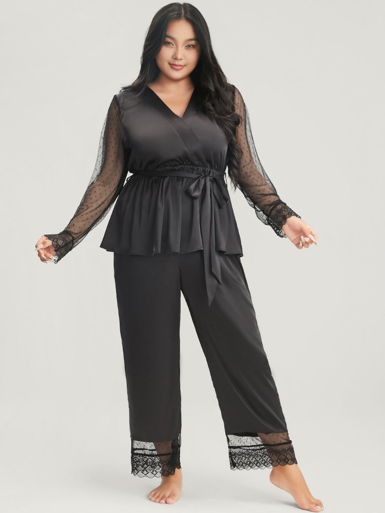 Solid Mesh Lace Wrap Belted Pajama Set-Sweetccc