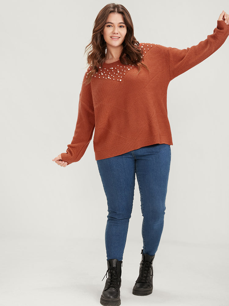 Solid Pointelle Knit Pearls Beaded Knit Top-Sweetccc