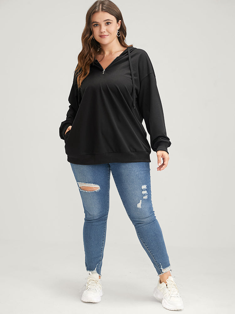 Solid Zipper Front Pocket Drawstring Hooded Sweatshirt-Sweetccc