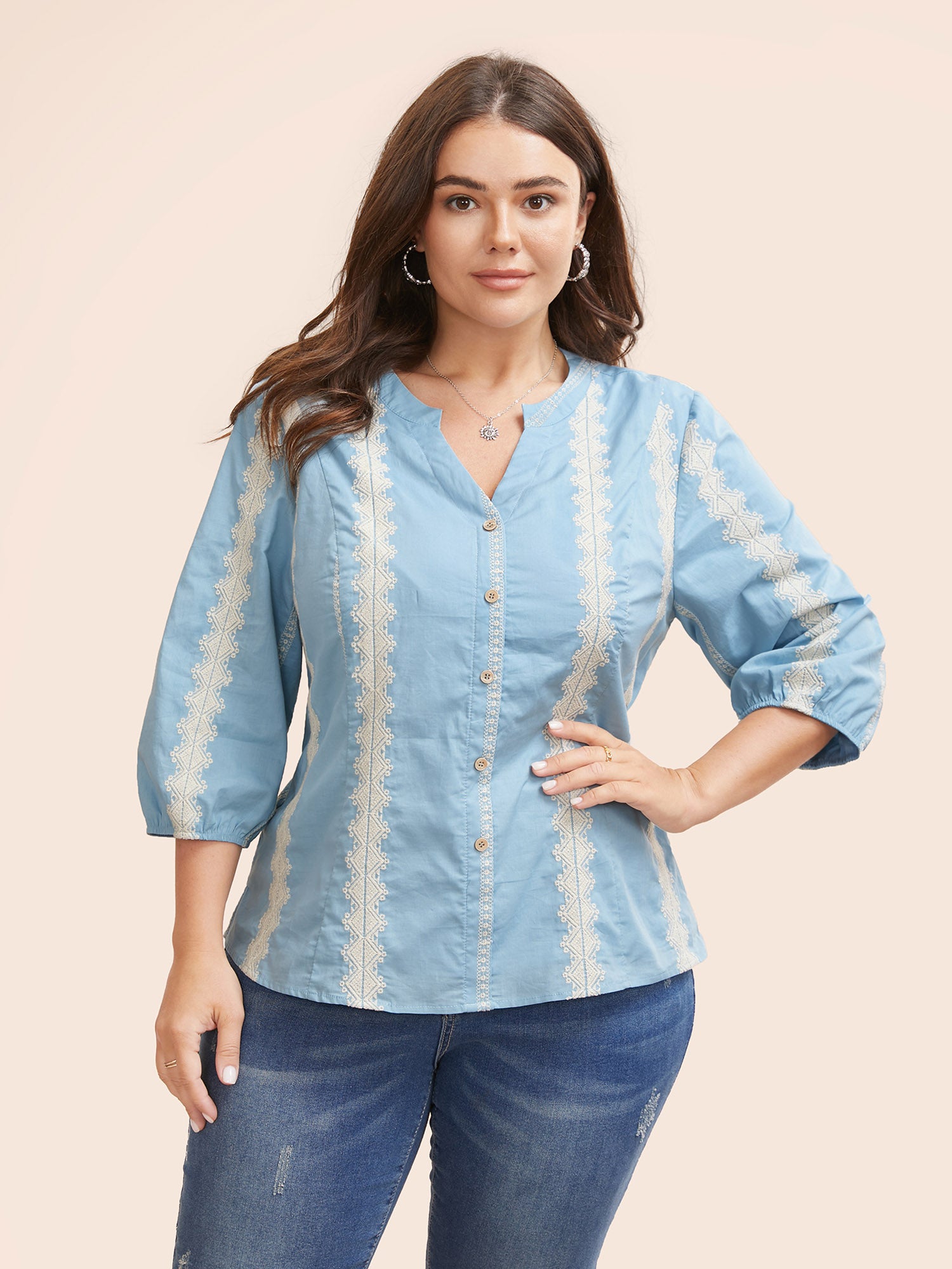 Striped Notched Embroidered Button Detail Blouse-Sweetccc