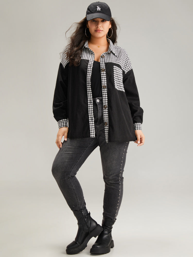 Houndstooth Patchwork Pocket Button Through Corduroy Coat-Sweetccc