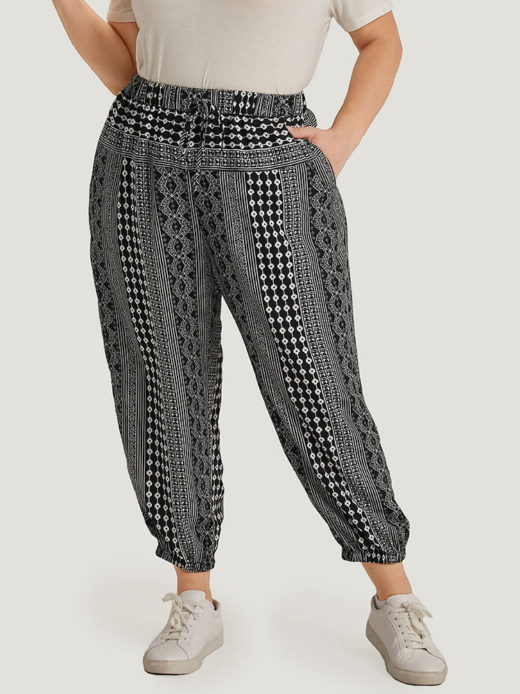 Moroccan Print Pocket Elastic Waist Ties Pants-Sweetccc