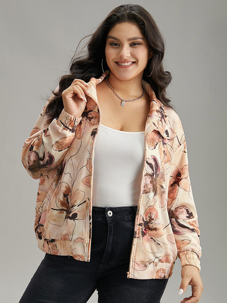 Floral Zipper Gathered Elastic Cuffs Jacket-Sweetccc