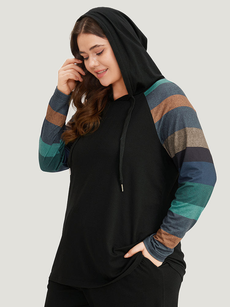 Striped Patchwork Contrast Hooded Raglan Sleeve T-shirt-Sweetccc