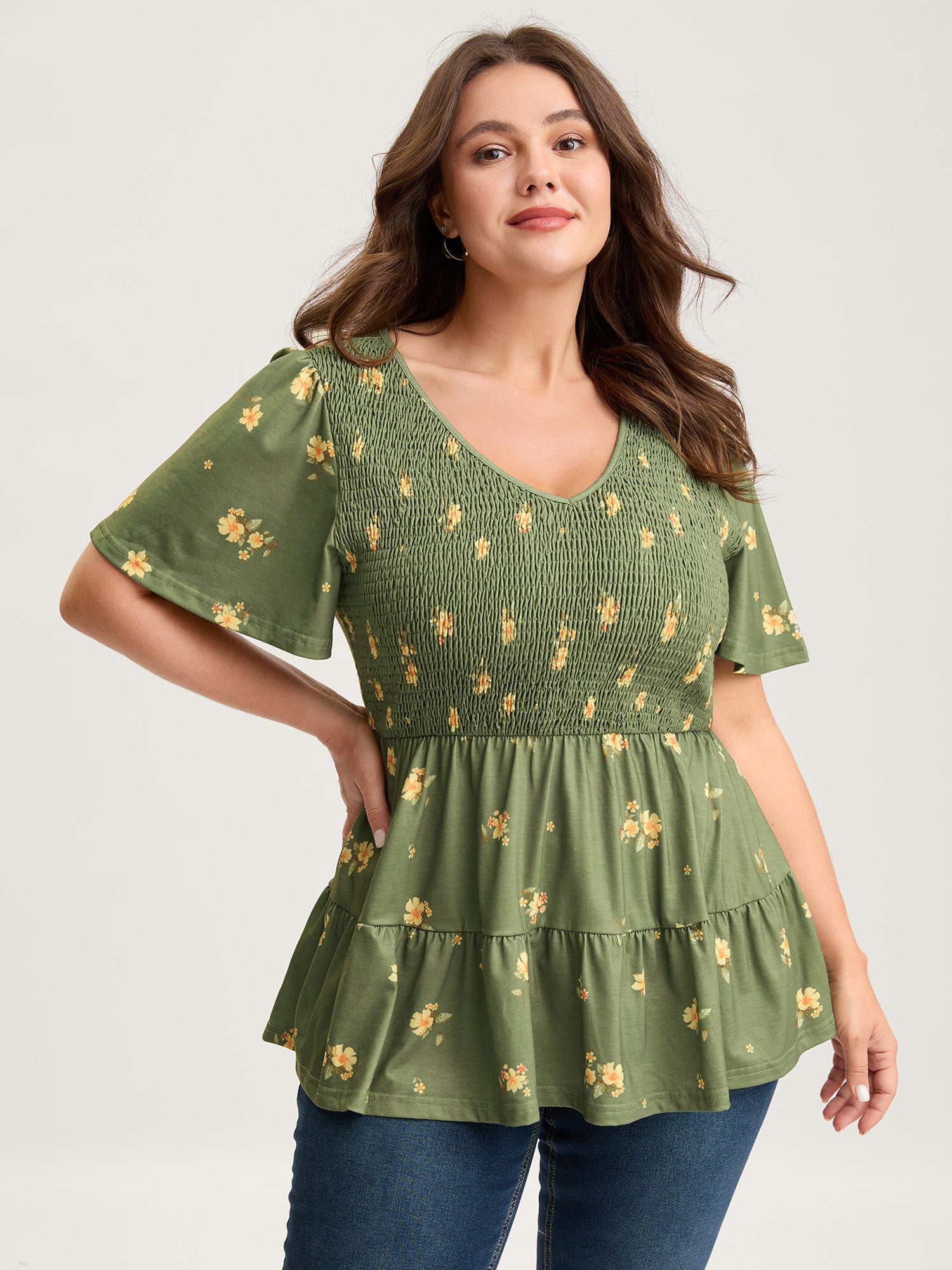 Floral Shirred Tiered Knit Top-Sweetccc