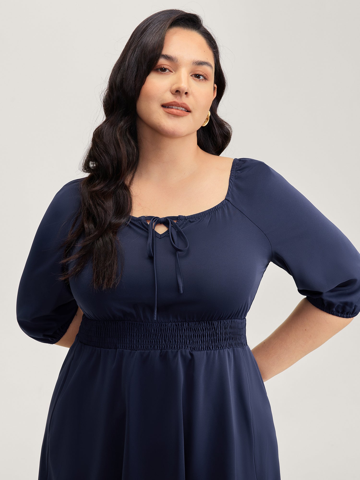 Neck-Tie Lantern Sleeve Shirred Midi Dress-Sweetccc