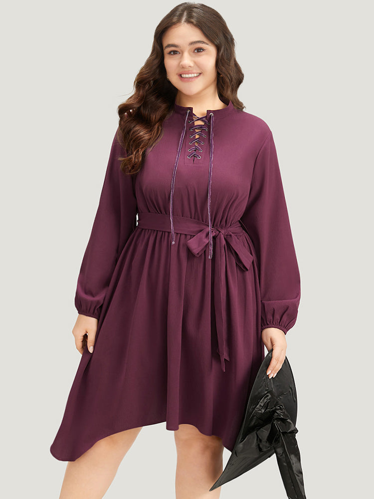 Halloween Plain Lantern Sleeve Belted Lace Up Asymmetrical Hem Dress-Sweetccc