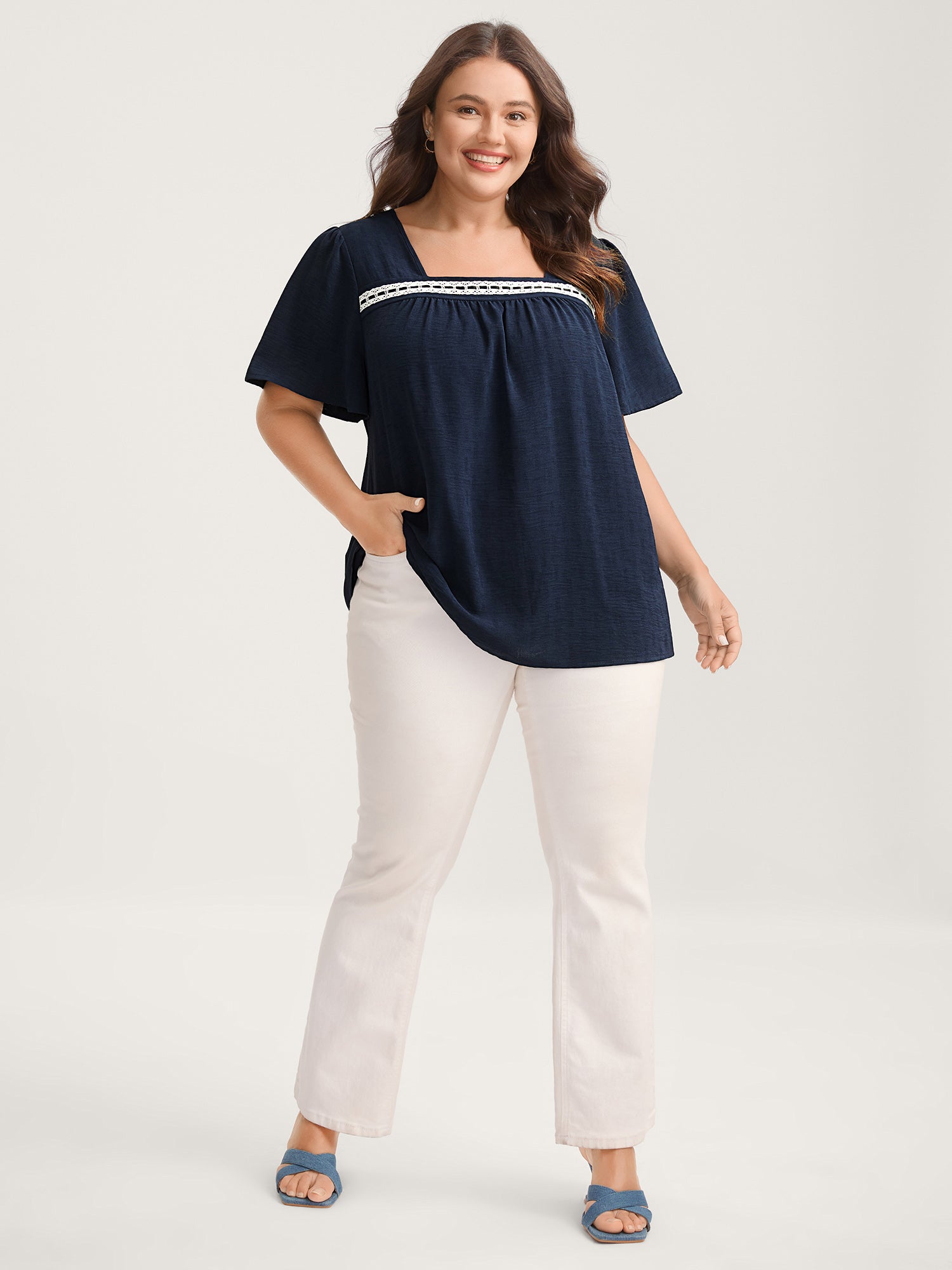 Square Neck Lace Pleated Blouse-Sweetccc