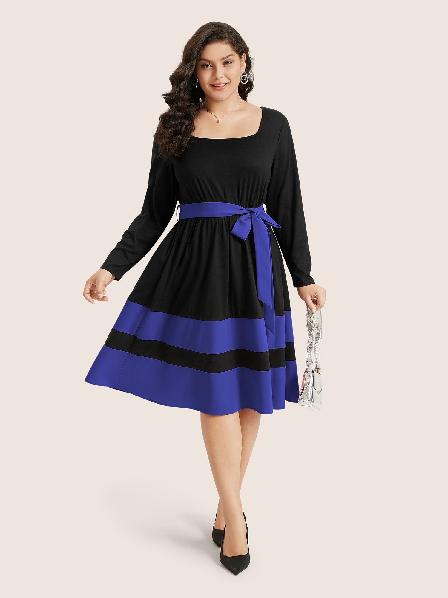 Two Tone Belted Bowknot Square Neck Dress-Sweetccc