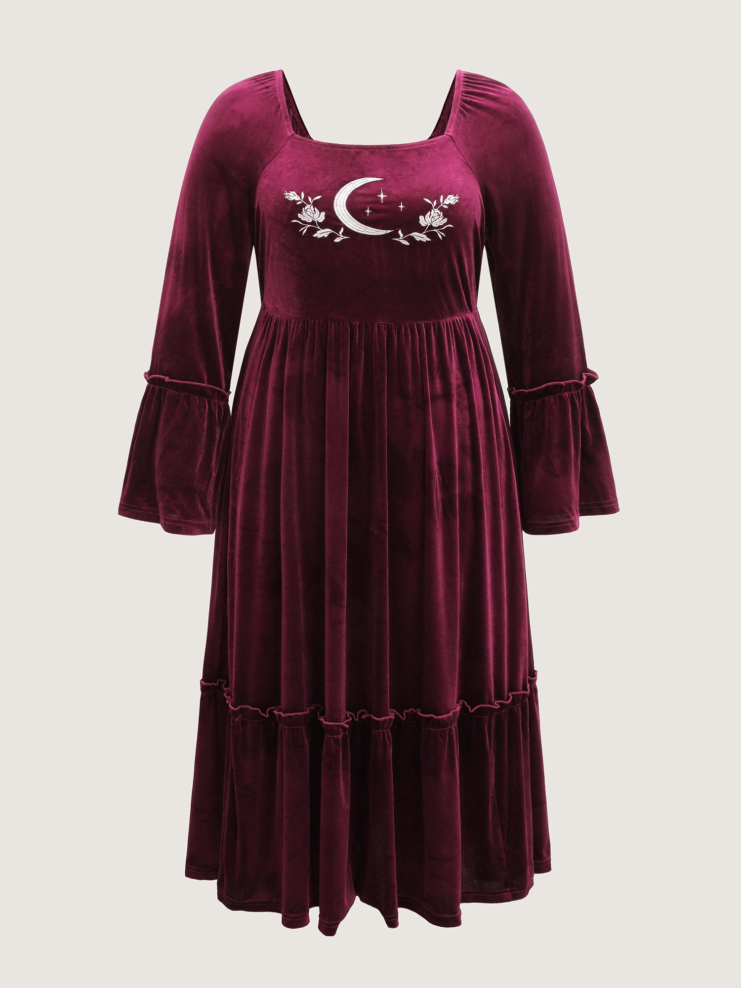 Mystical Moon Embroidery Velvet Midi Dress-Sweetccc
