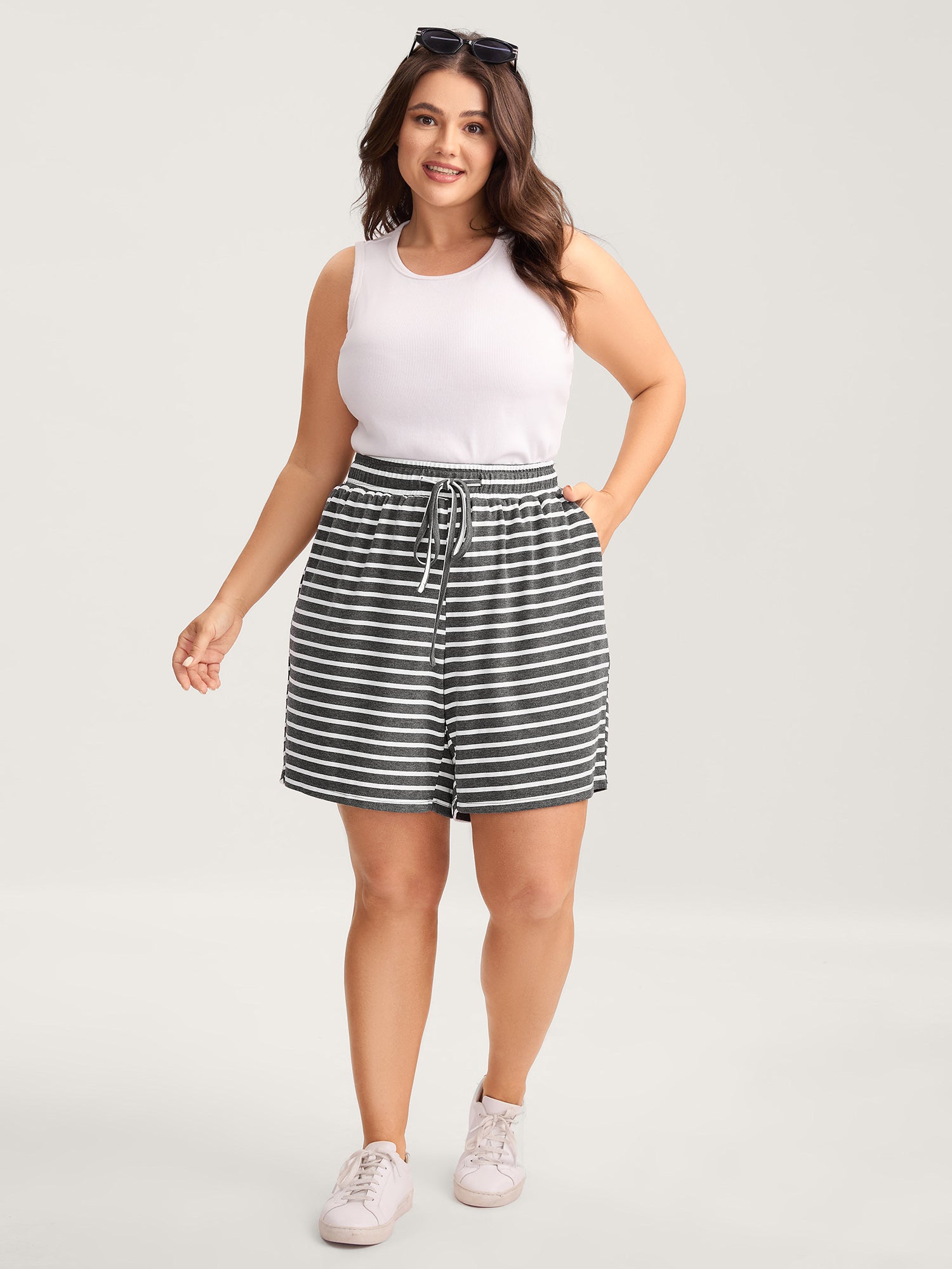 Stripe Print Drawstring Straight-Leg Shorts-Sweetccc