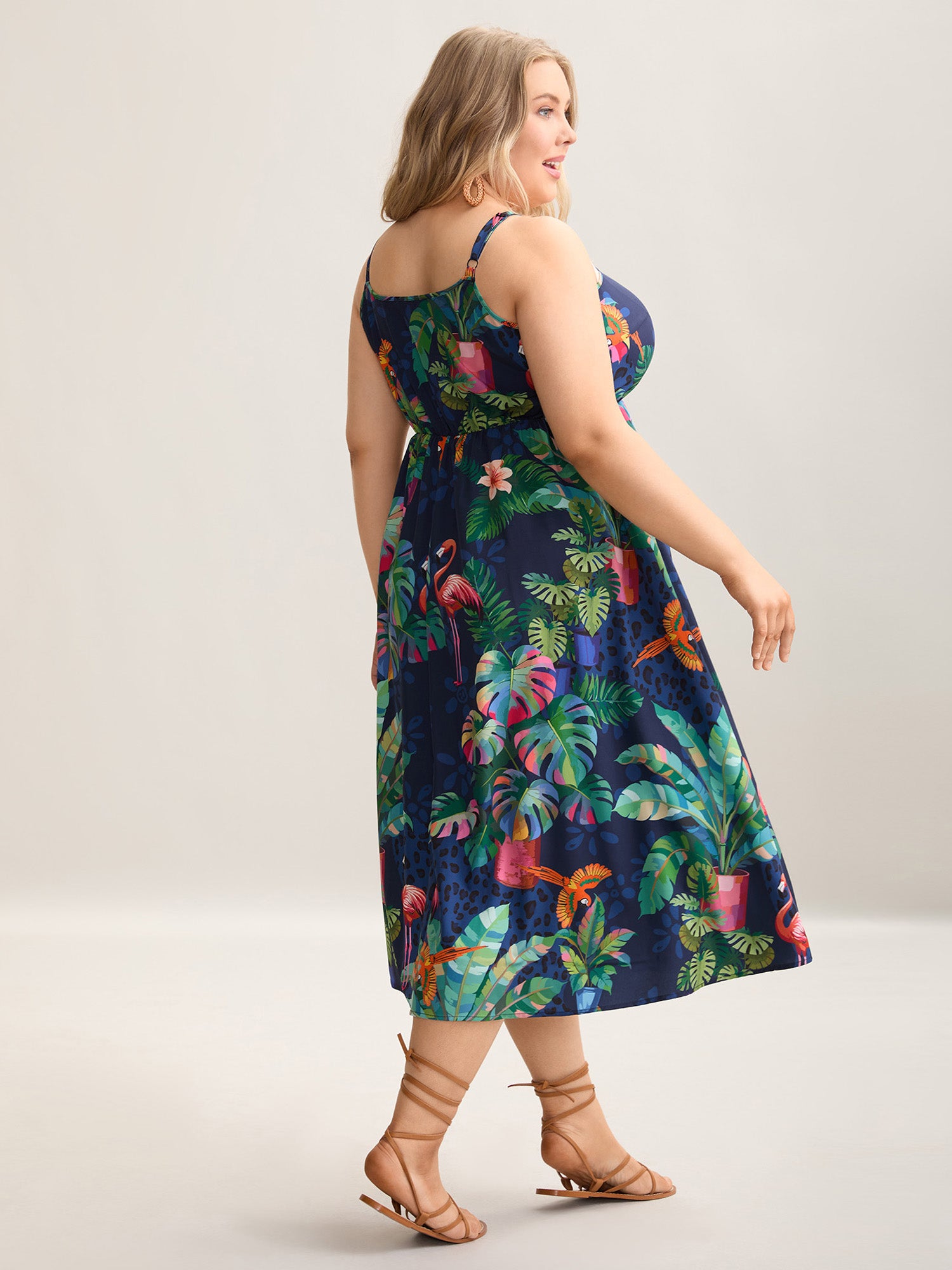 Tropical Pattern Surplice Pockets Midi Dress-Sweetccc