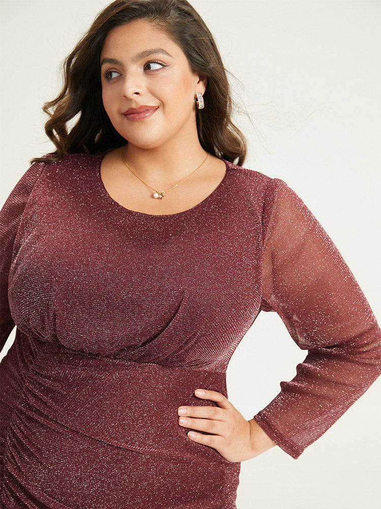 Lurex Glitter Crew Neck Mesh Patchwork Gathered Dress-Sweetccc