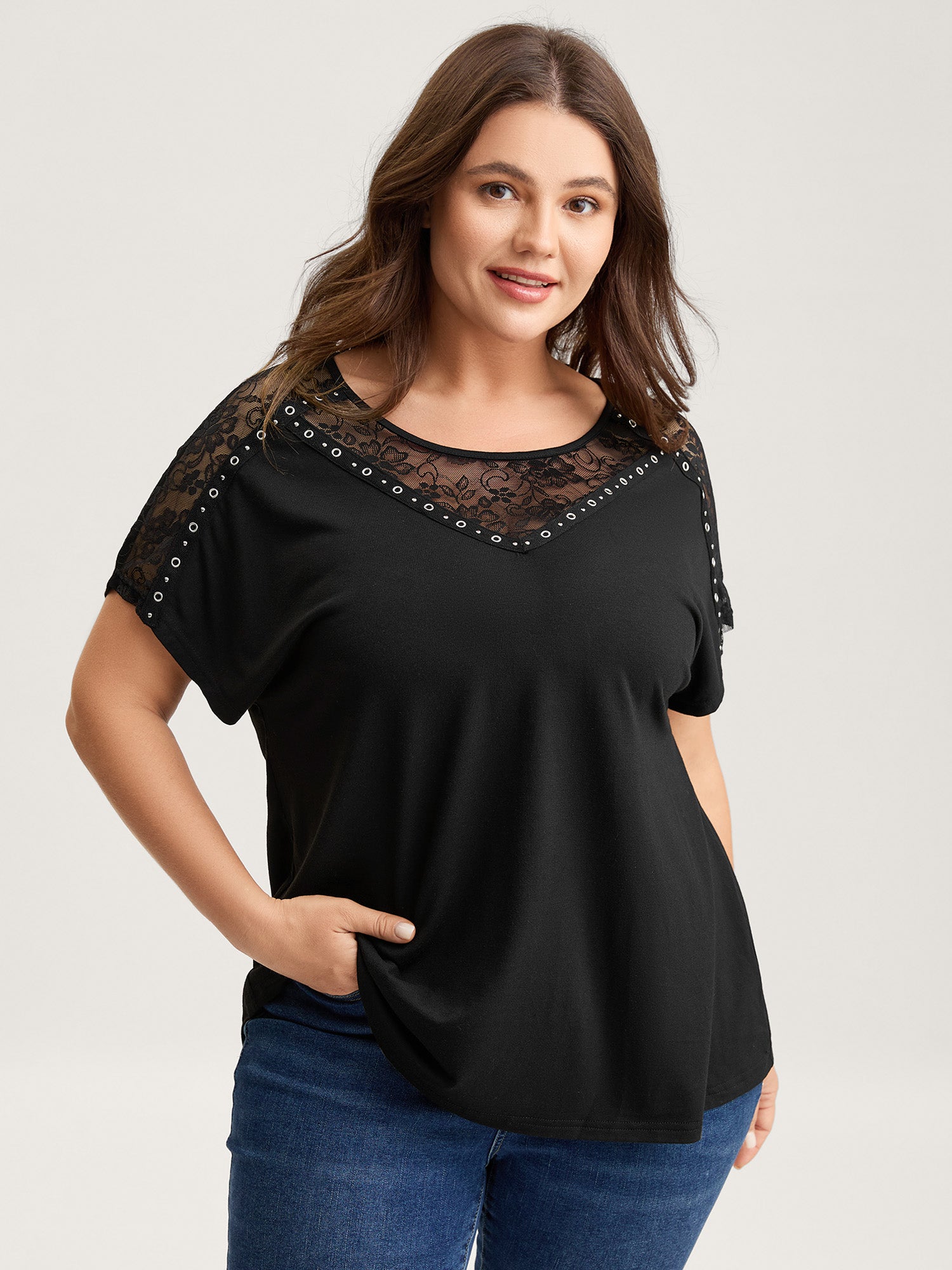 Lace Trim Sheer Solid T-Shirt-Sweetccc