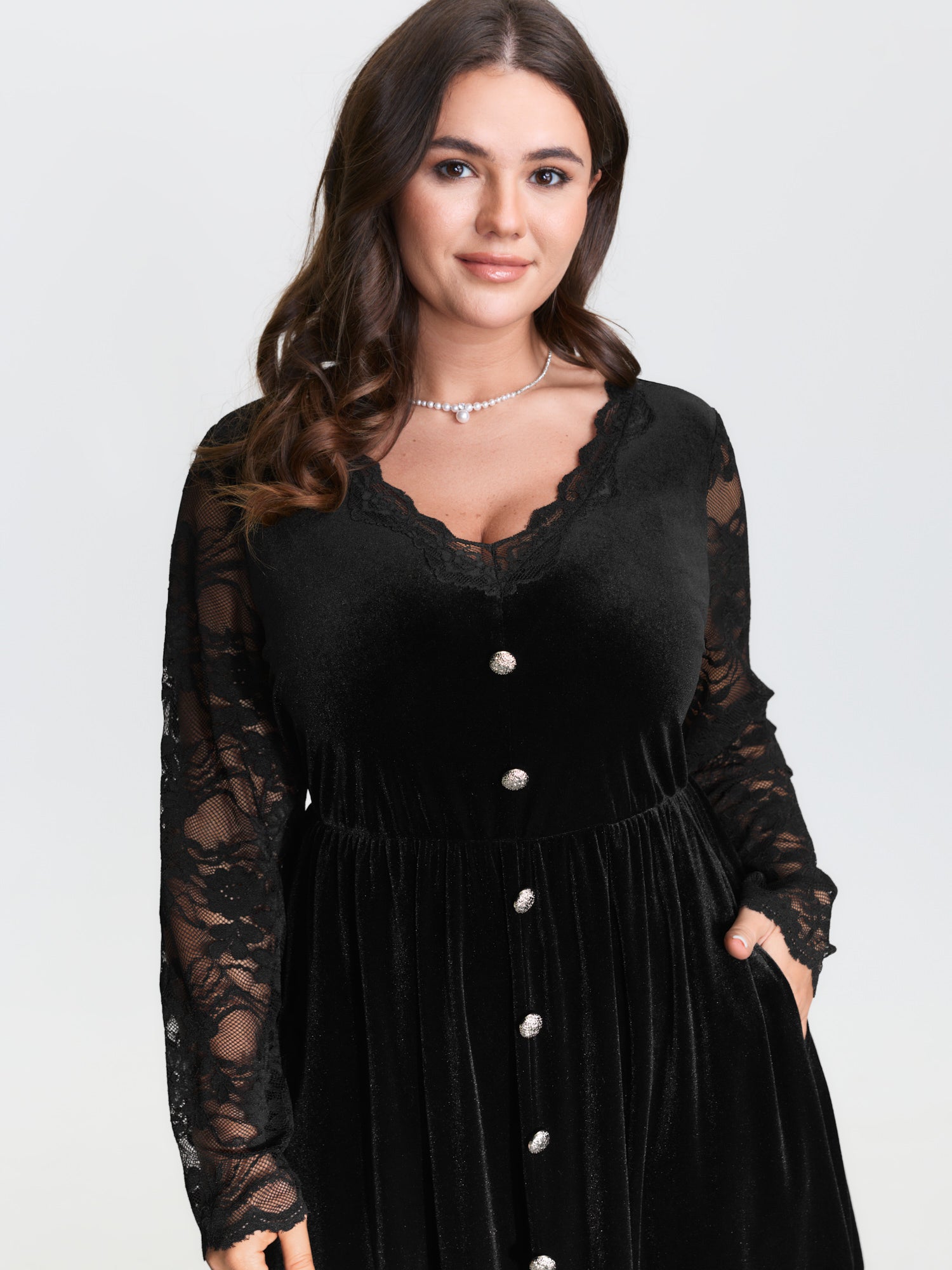 Velvet Sheer Floral Lace Midi Dress-Sweetccc