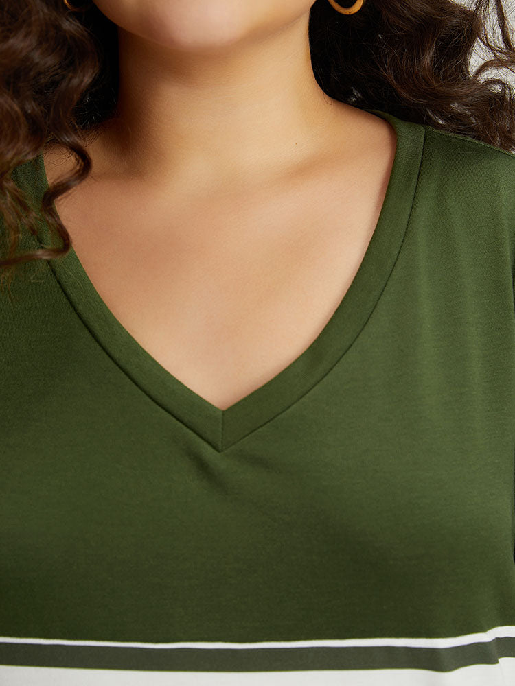 Striped Patchwork Contrast V Neck Sweatshirt-Sweetccc