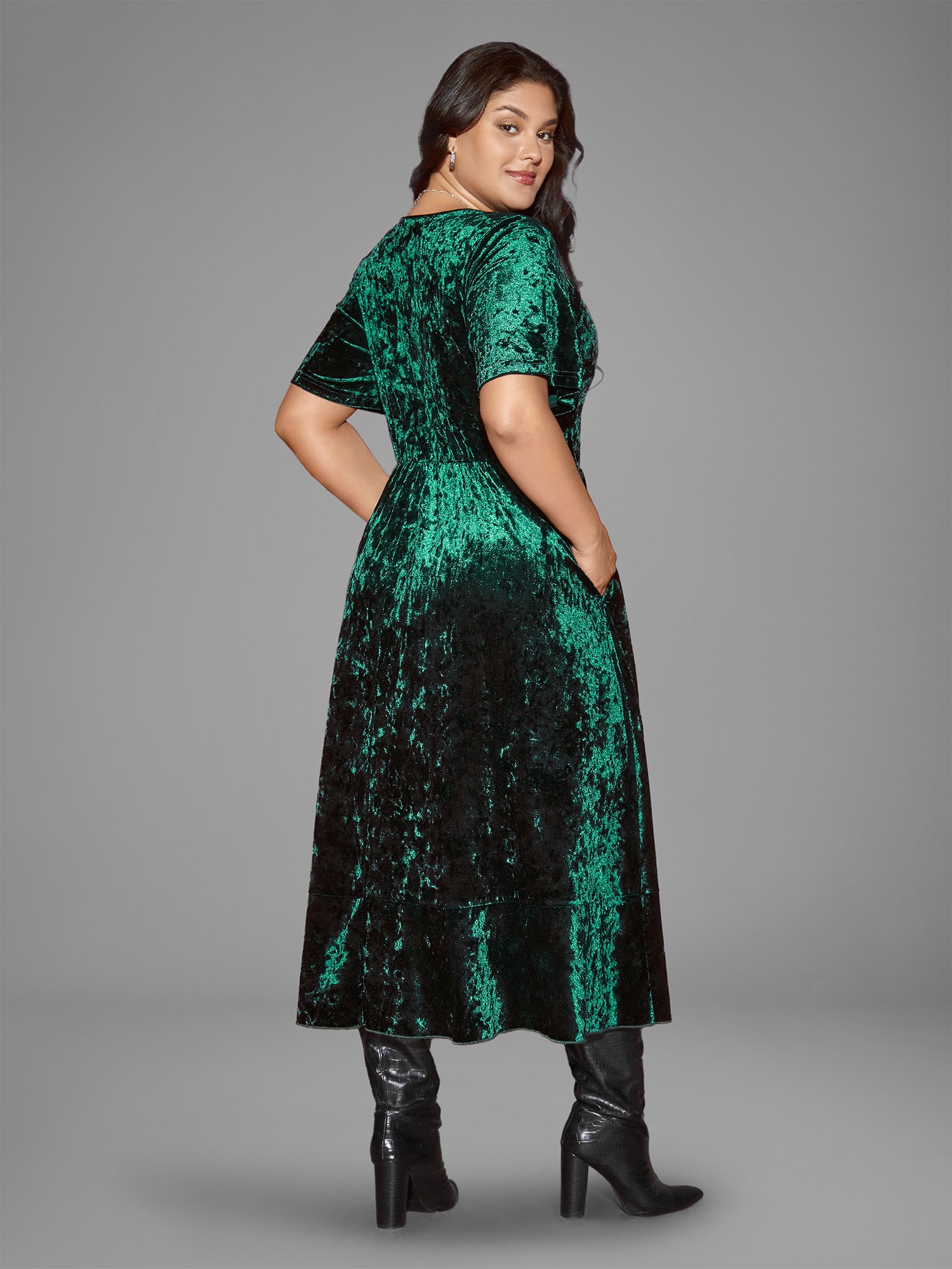 Velvet Surplice Neckline Ruffle Sleeves Midi Dress-Sweetccc