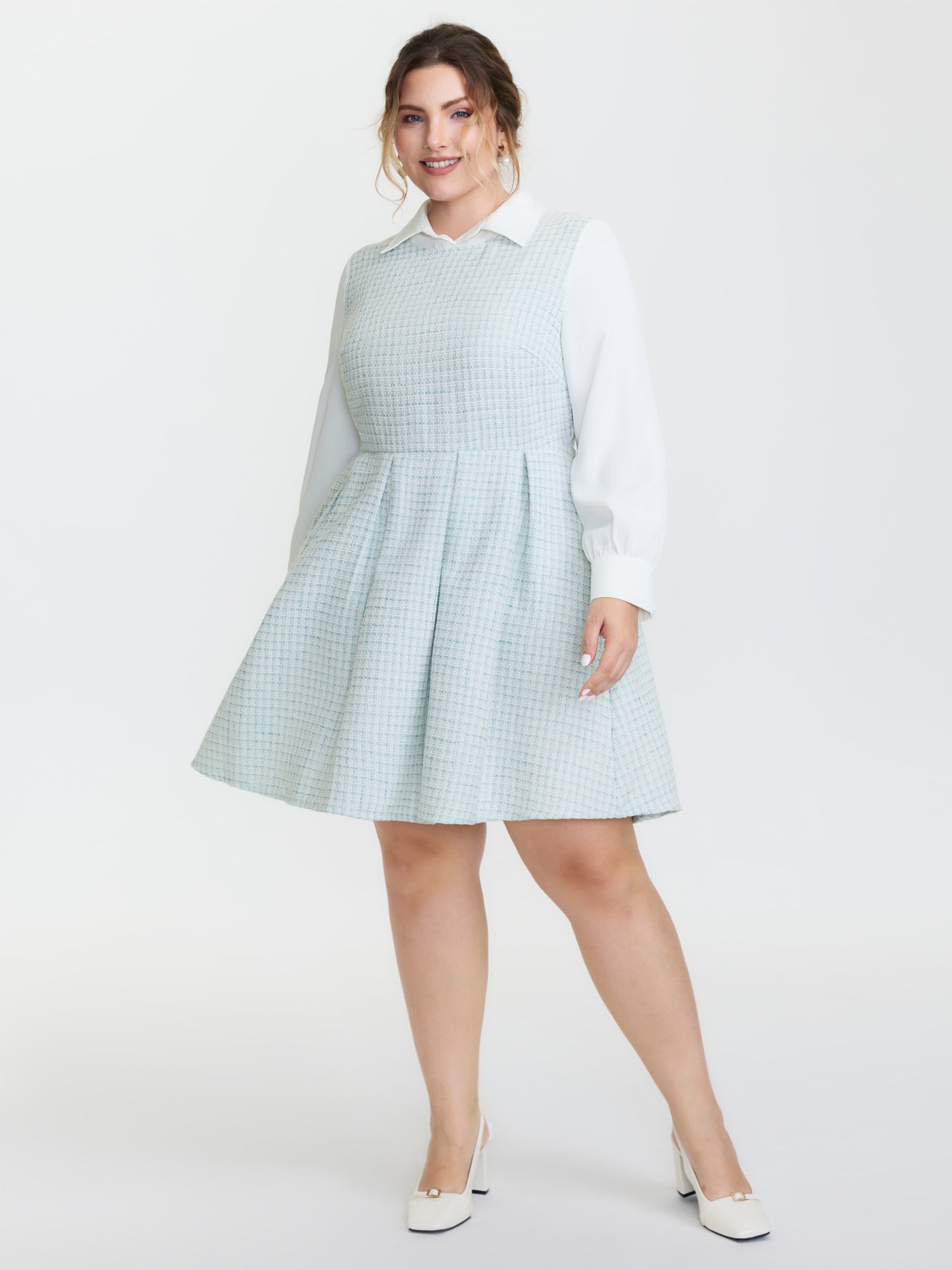 Tweed Colorblock Pleated Midi Dress-Sweetccc