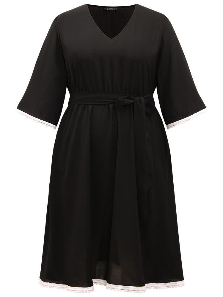 V Neck Pocket Patchwork Contrast Belted Dress-Sweetccc