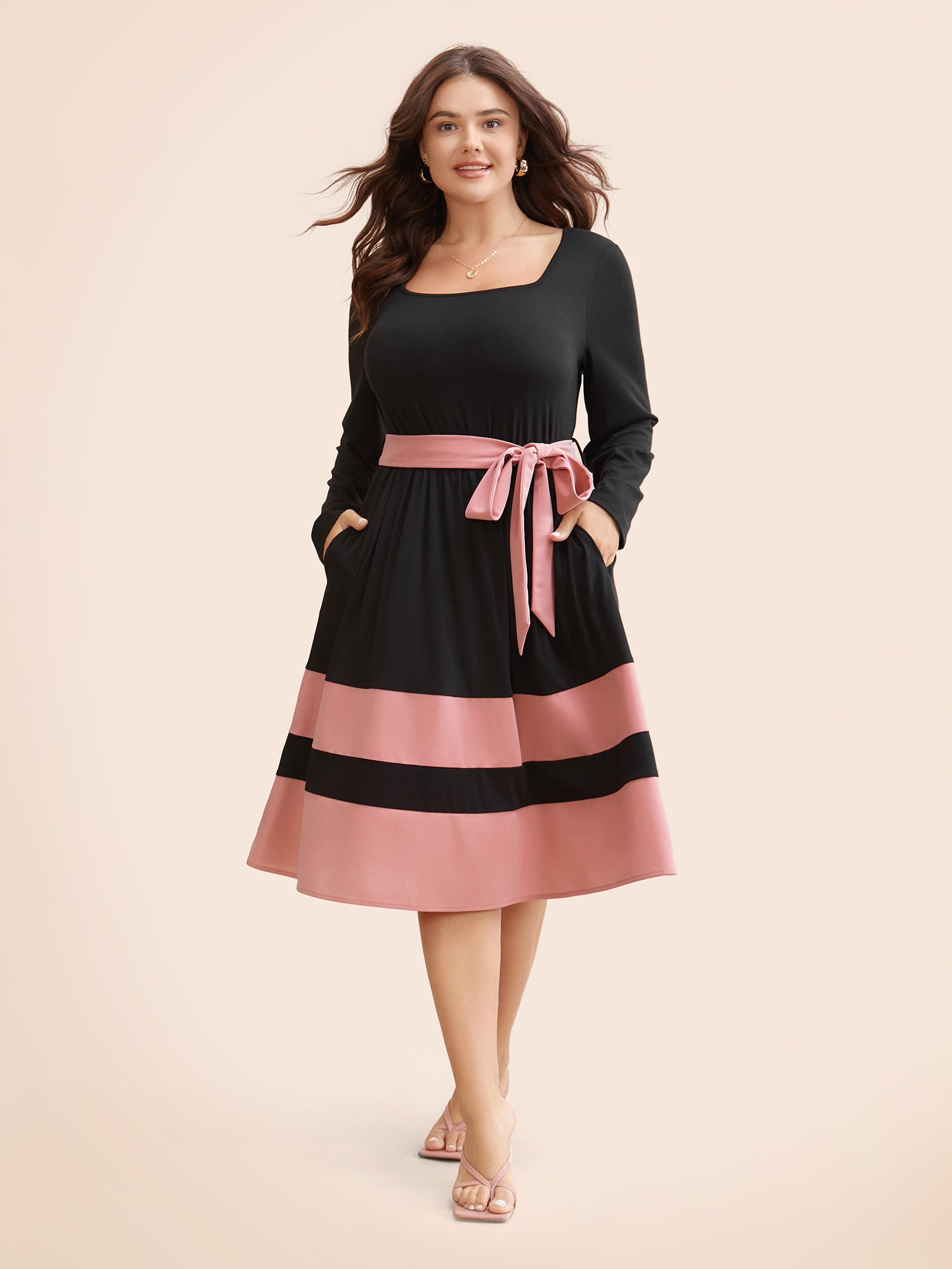 Two Tone Belted Bowknot Square Neck Dress-Sweetccc