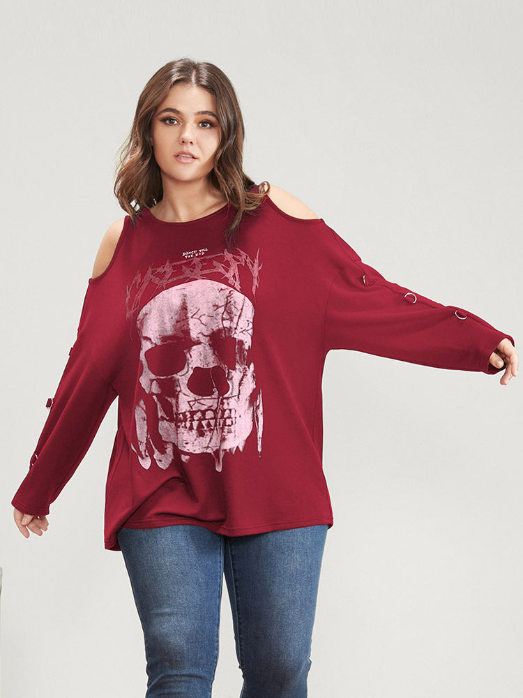 Halloween Skull Print Cold Shoulder Sweatshirt-Sweetccc
