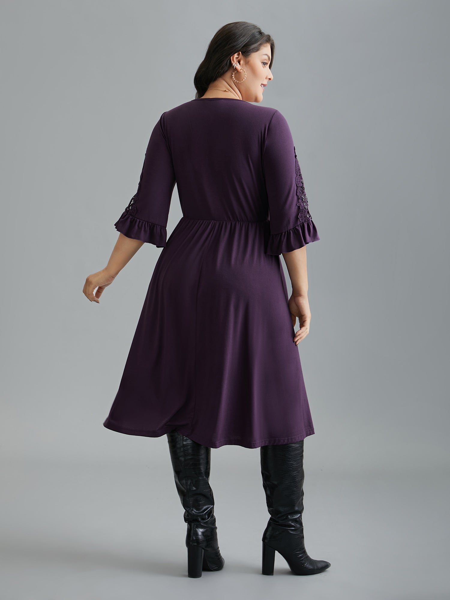 V Neck Plain Crochet Lace Mesh Dress-Sweetccc