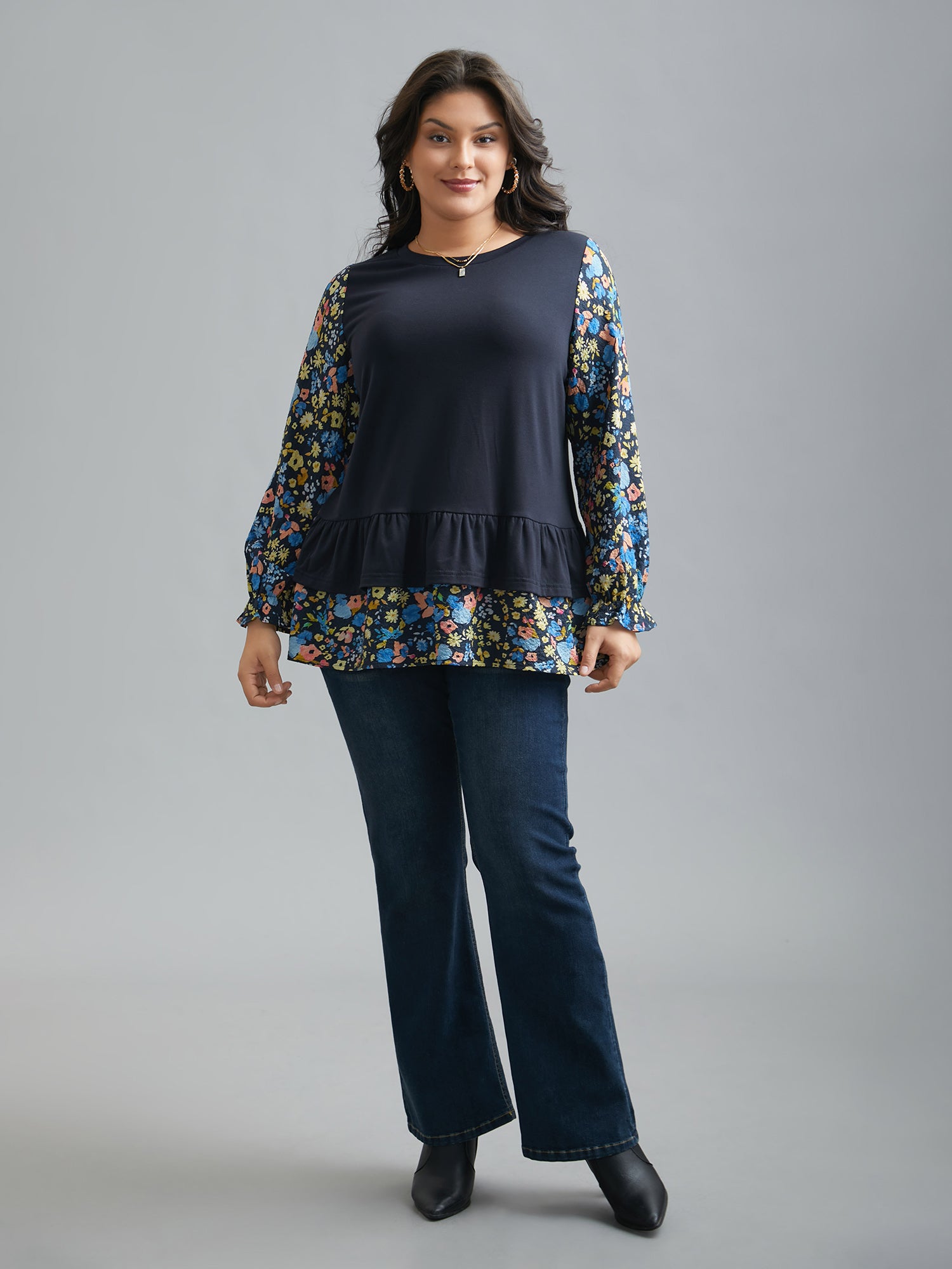 Floral Spliced Tiered Hem T-Shirt-Sweetccc